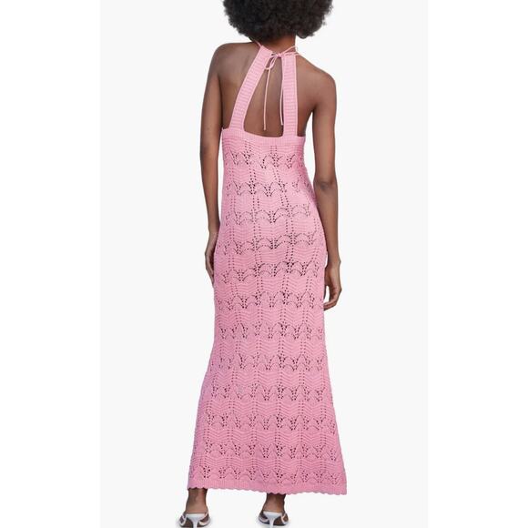 MANGO NWT Open Crochet Knit Halter Neck Pink Maxi Dress Size 8 - Picture 3 of 10